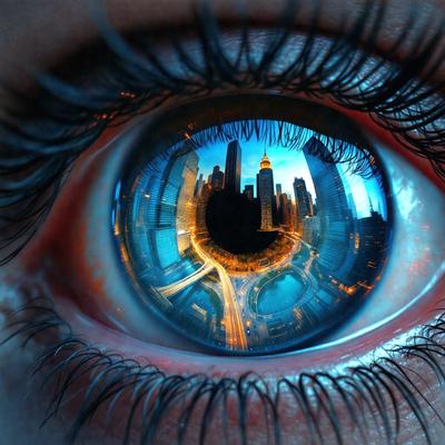 The primary subject of the image is a person's eye, which is captured in a mirror reflection. The setting is a cityscape, with tall buildings visible in the background. The visual style is a combination of a photo and a digital art, as the eye is shown in a close-up view, and the cityscape is depicted in a mirror reflection. The colors and mood of the image are predominantly blue, with a sense of depth and intrigue created by the mirror reflection.